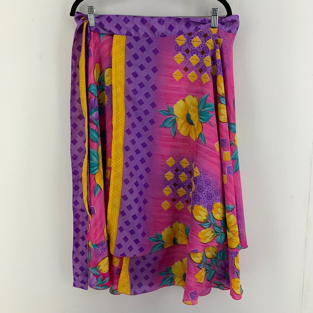 Floral Tiered Full Wrap Midi Skirt Silk Blend Medium Colorful Hippie Gypsy